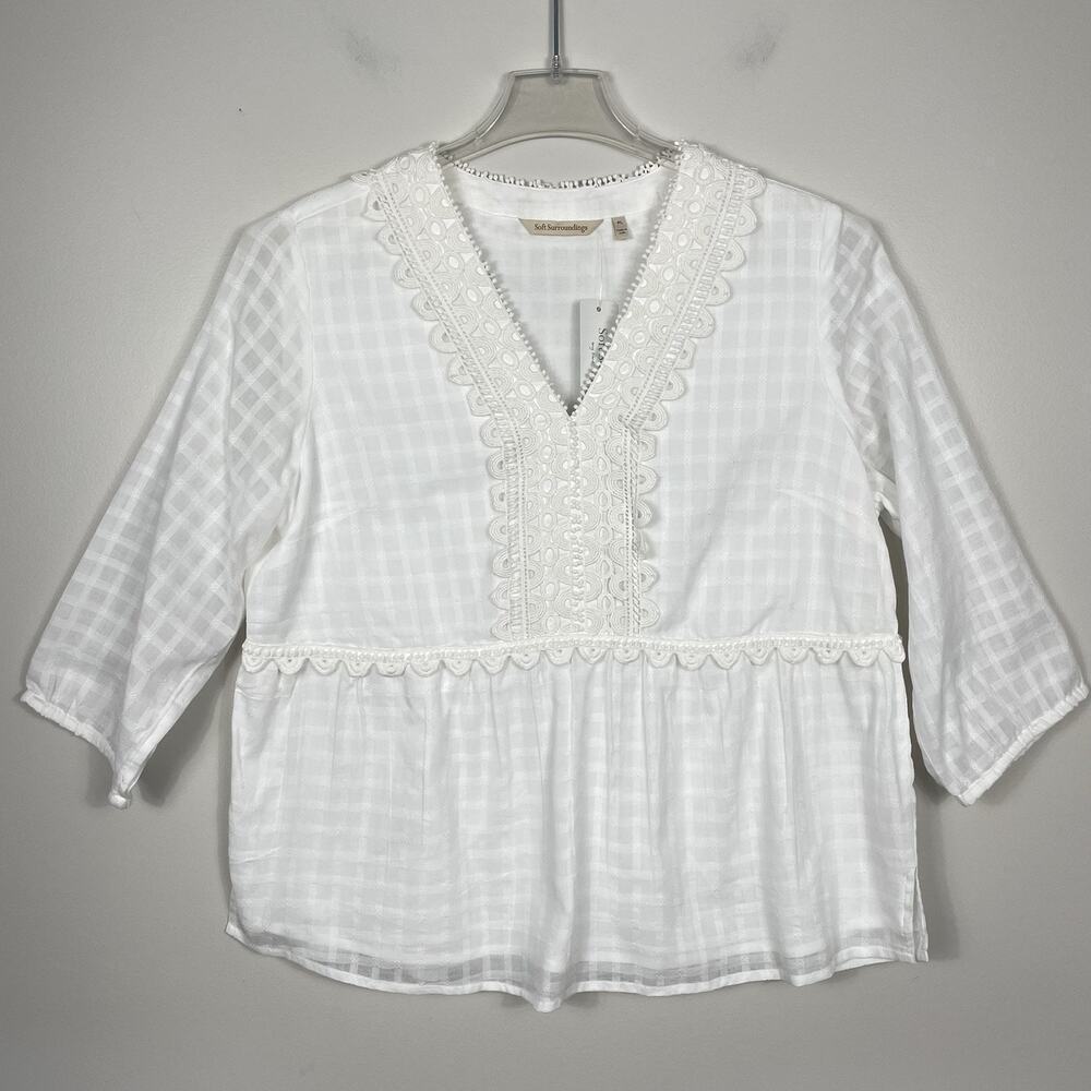 Soft Surroundings Elodie Windowpane Gauze Top Size L Petite White Cotton NEW